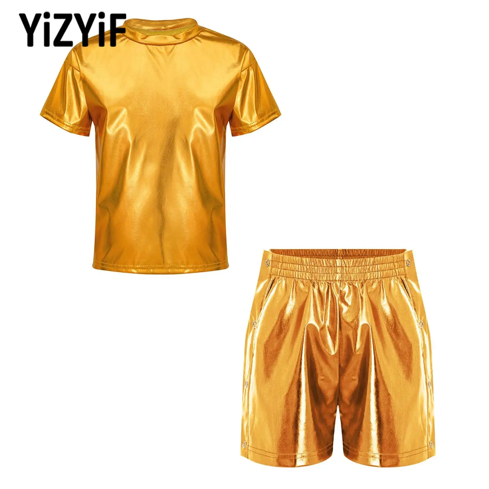 

Одежда для джазовых танцев для девочек и мальчиков, детские карнавальные костюмы в стиле хип-хоп, металлическая футболка с короткими рукавами + блестящие шорты, уличная одежда