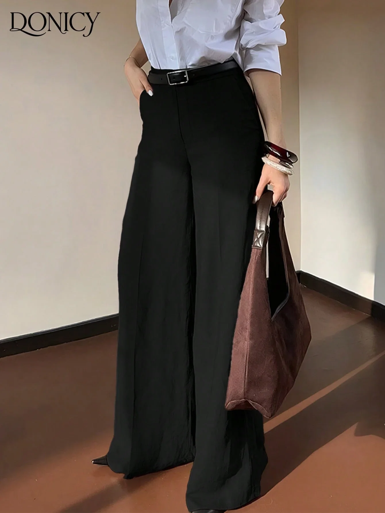 

Черные женские брюки с высокой талией, широкими штанинами и прямым кроем, однотонные, для офиса и повседневной носки