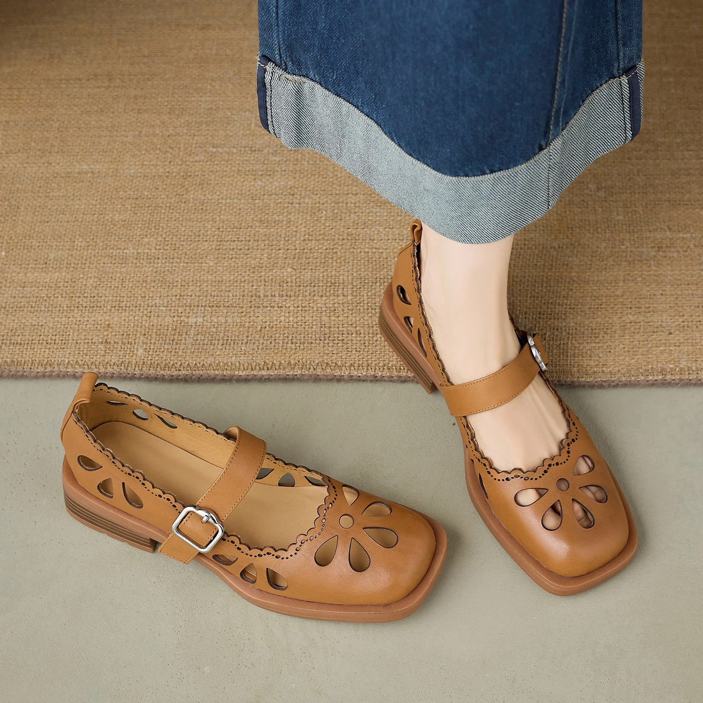 

Genuine Leather Cowhide Womens Mary Janes Shoes,Square Toe Hollow out Women's Sandals,Breathable Women's Shoes
