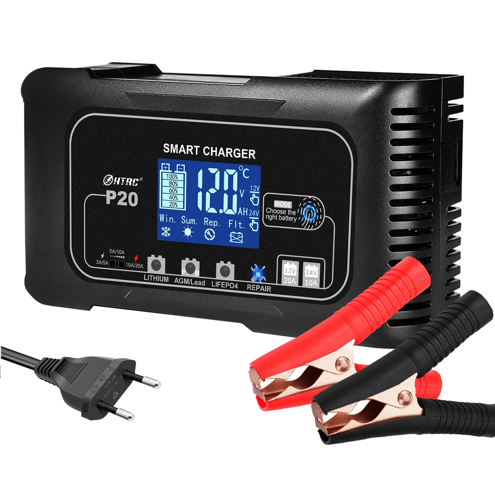 10A/20A 12V 24V Car Battery Charger Fully Automatic Pulse Repair Charger for Lifepo4 AGM Lead-Acid Lithium Battery Mainter TC