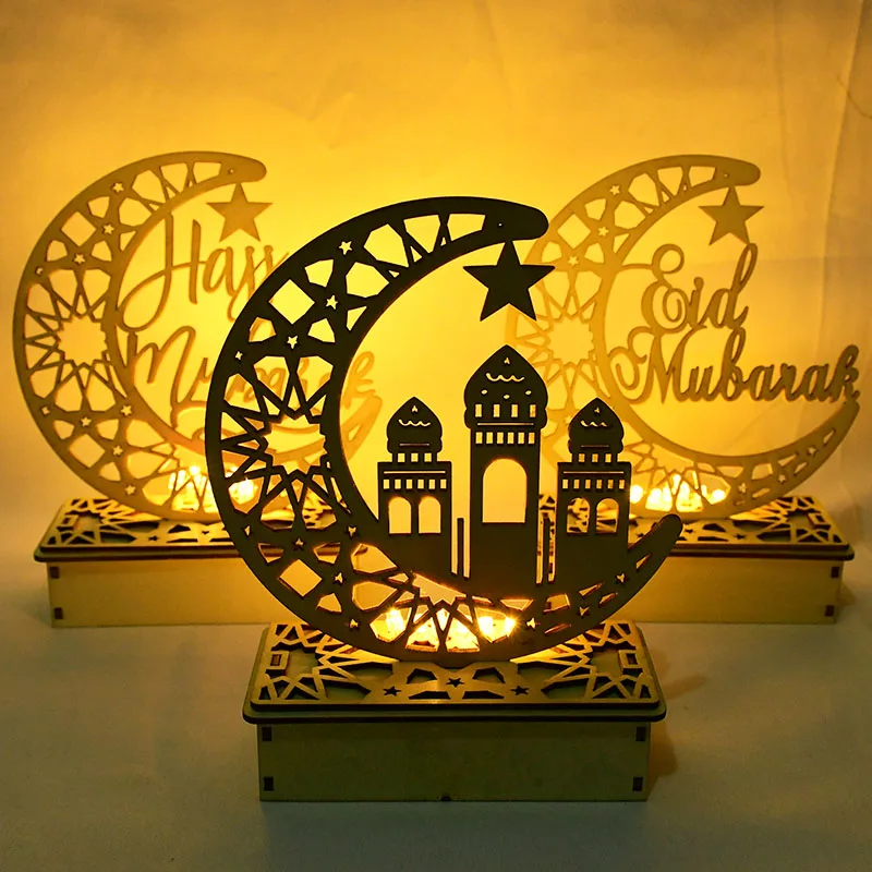 

Ramadan Moon Shape LED Light Wooden Ornament Eid Mubarak Decoration 2024 Islam Muslim Festival Party Supplies