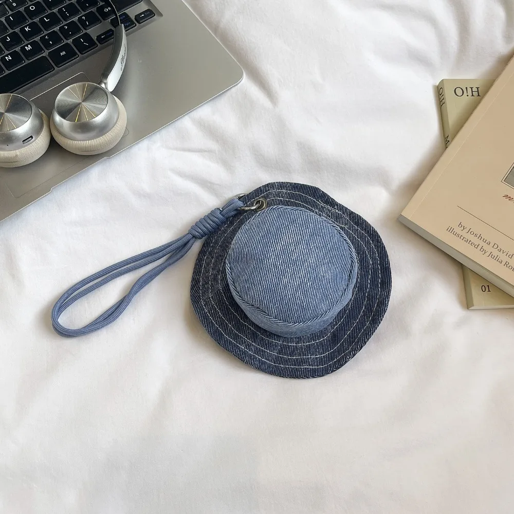 Round Mini Bucket Hat Coin Purse Lanyard Coin Bag Canvas Earphone Bag Korean Style Mini Fisherman Hat Bag Pendant Girl