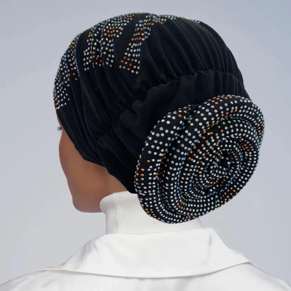 2022 New Women Full Diamonds Donut Turban Cap Elastic Muslim Hijab Bonnet Hat Ladies Headband Turbans African India Caps