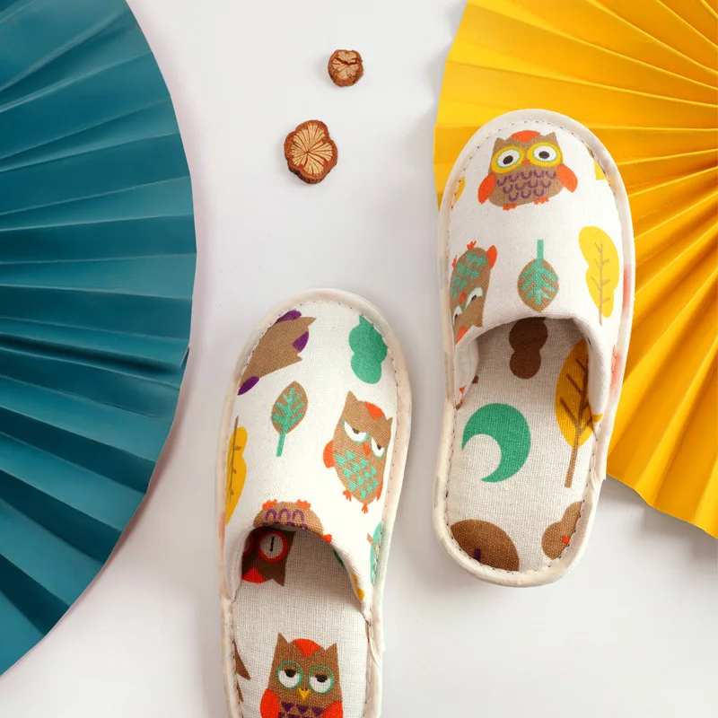 Hotel Travel Disposable Women Men Owl Print Slippers Party Sanitary Home Guest Use Fluffy Closed Toe Female Slippers Indoor Shoe