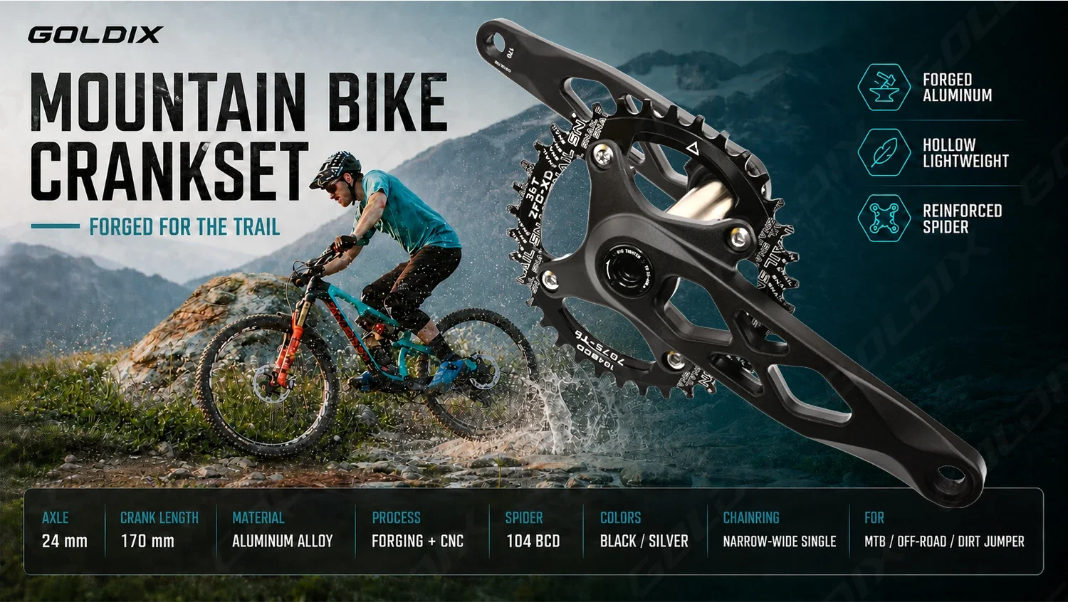 GOLDIX Hochfeste Fahrradkurbelgarnitur aus geschmiedeter Aluminiumlegierung, 104BCD, schmal-breites Kettenblatt, 170 mm Länge, für Mountainbikes. – Detail 1
