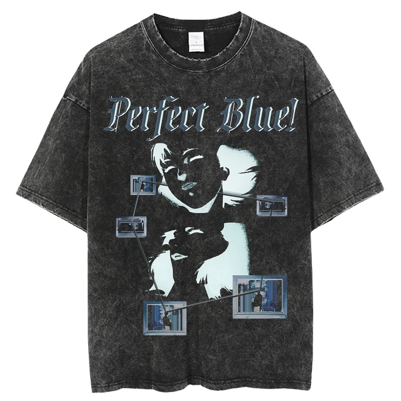Japanese Anime Vintage Washed Perfect Blue T Shirt Summer Men Women Oversize Casual O-Neck Cotton Short Sleeve T Shirt