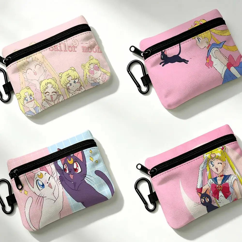 ANIME S-SAILOR-MOON Portable Oxford Fabric Mini Wallet Carabiner Design Small Coin Bag For Cards Keys Earphones
