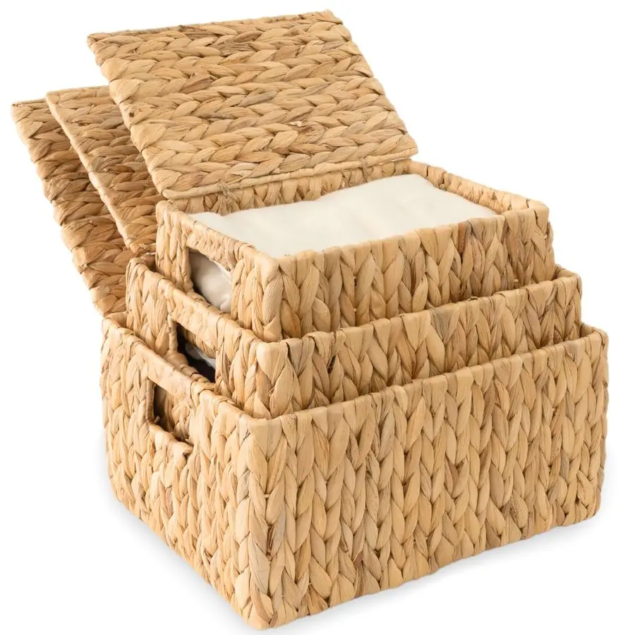 

Storage Baskets with Lid, Set 3 Basket With Lid Decorative Storage Rectangle Wicker Storage Basket Large Rattan Storage Box Hyac
