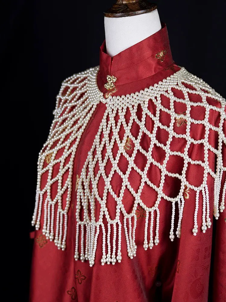 Handmade Hanfu Cloud Collar Women Chinese Style Imitation Pearl Tassel Hanfu Cheongsam Shawl Accessory