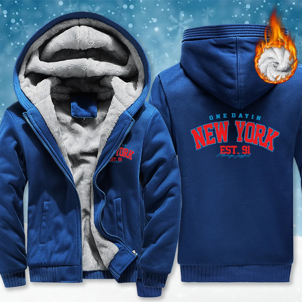 

New York One Dayin Est.91 Printed Zipper Coat Men Thicken Fleece Hoody Fashion Casual Top Winter Loose Unisex Retro Sportswear