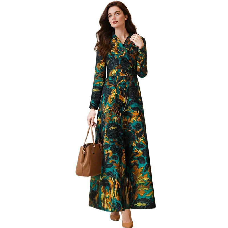 

2025 Spring Autumn Jacquard Long Sleeve Dress Women Luxury Floral Runway Zipper Photography Dress for Girls Vacation Holidays