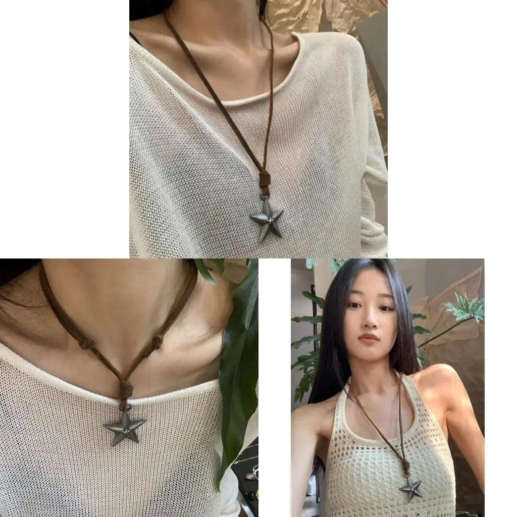  Adjustable Novel Star-shape Pendant Punk Necklace Leather Alloy Silver Five-pointed Star Long Necklace Sweater Chain