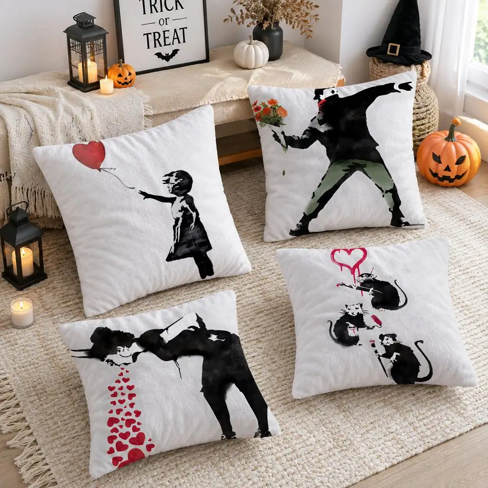 B-Banksy Street Graffiti Art Cushion Cover Plush Decorative Pillow Case With Hidden Zipper Cutecore Room Decor For Home