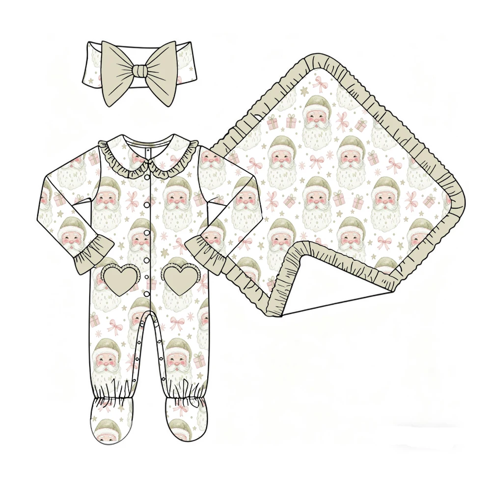 Christmas Set Baby Clothing Long-Sleeved Lace Romper Blanket 2-Piece Set Bow Cartoon Bow Print Boutique Children's Set