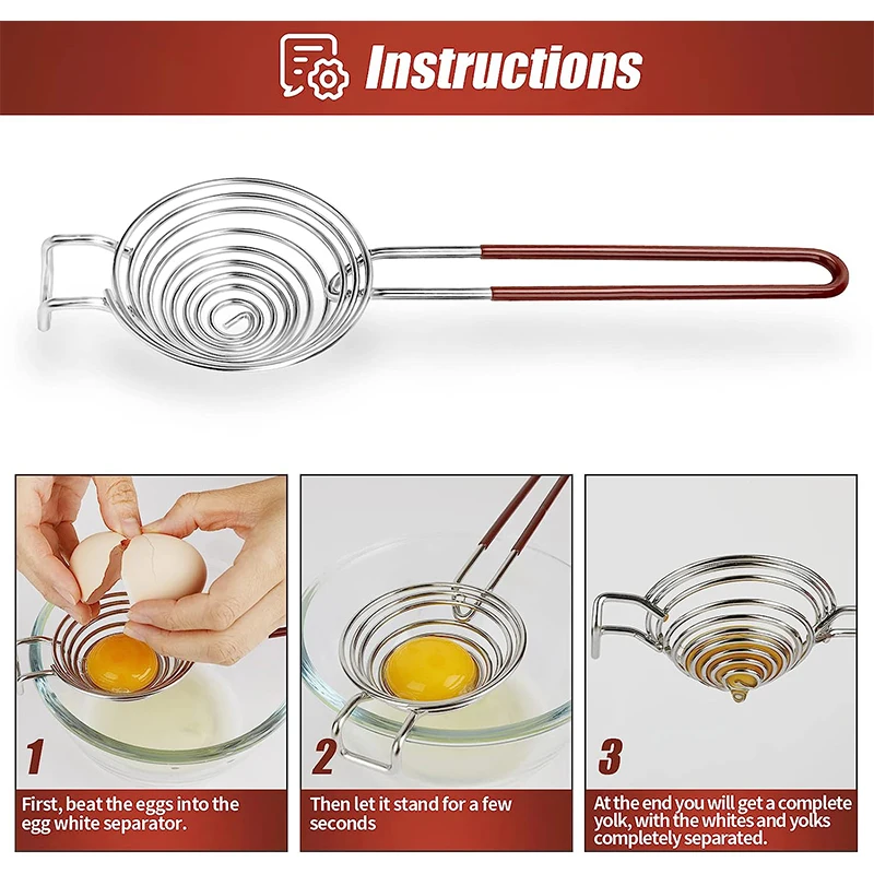 LMETJMA Egg Separator Long Handle Egg White Separator Food Grade Stainless Steel Egg Yolk Divider Filter Kitchen Gadget JT178