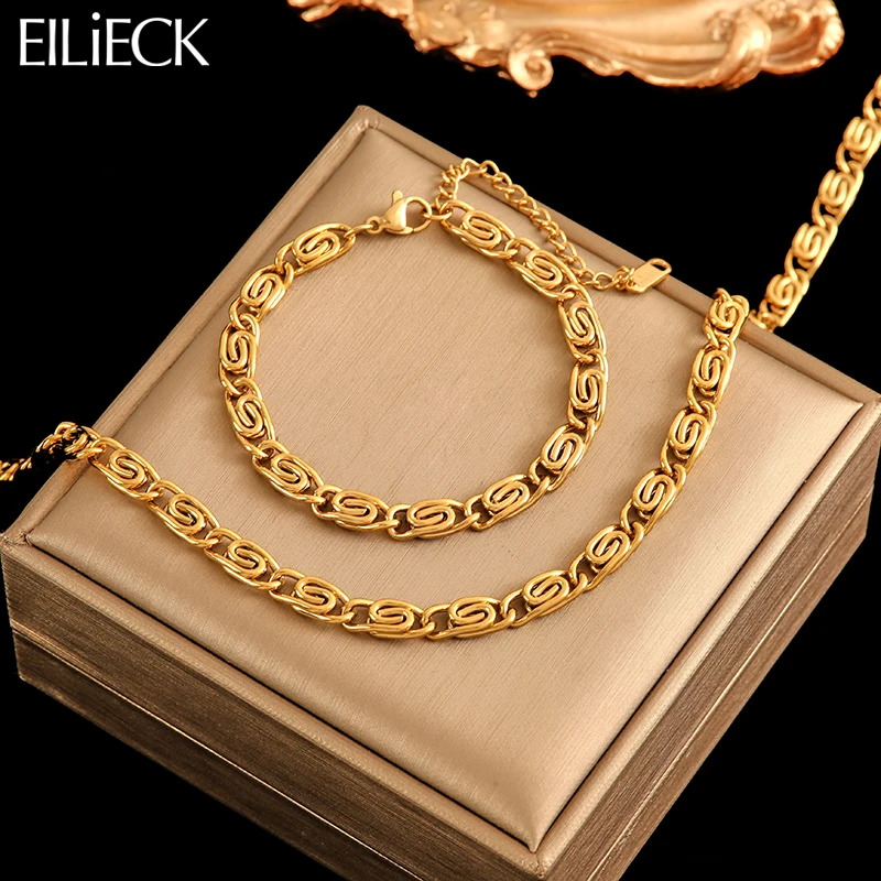 EILIECK 316L Stainless Steel Geometric Circle Grain Neckalces Bracelet Jewelry Set For Women Gold Color Metal 18 K Plated Collar