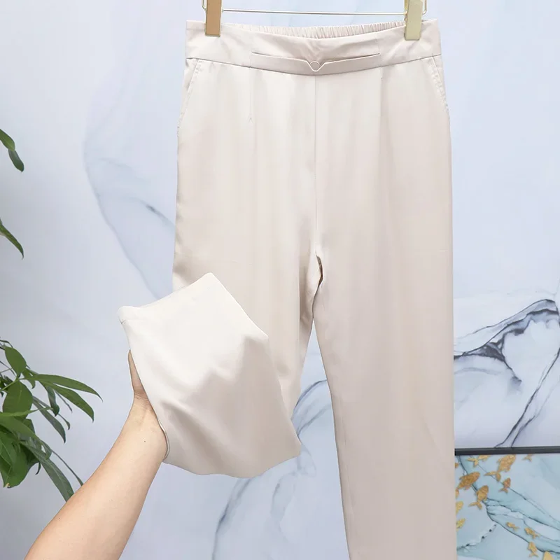 Tajiyane Silk White Pants Women's 2021 Summer New Heavy Mulberry Silk Nine-point Pants Elastic Waist Drape Pencil Pants FCY127