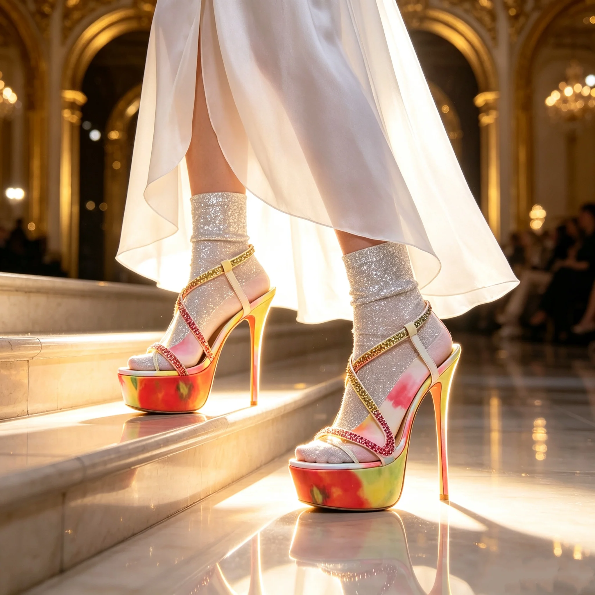 Women Rainbow Tie Dye Platform Sandals Multicolor Crystal Twisted Strap Ankle Buckle Stilettos Classic Red Sole Party High Heels
