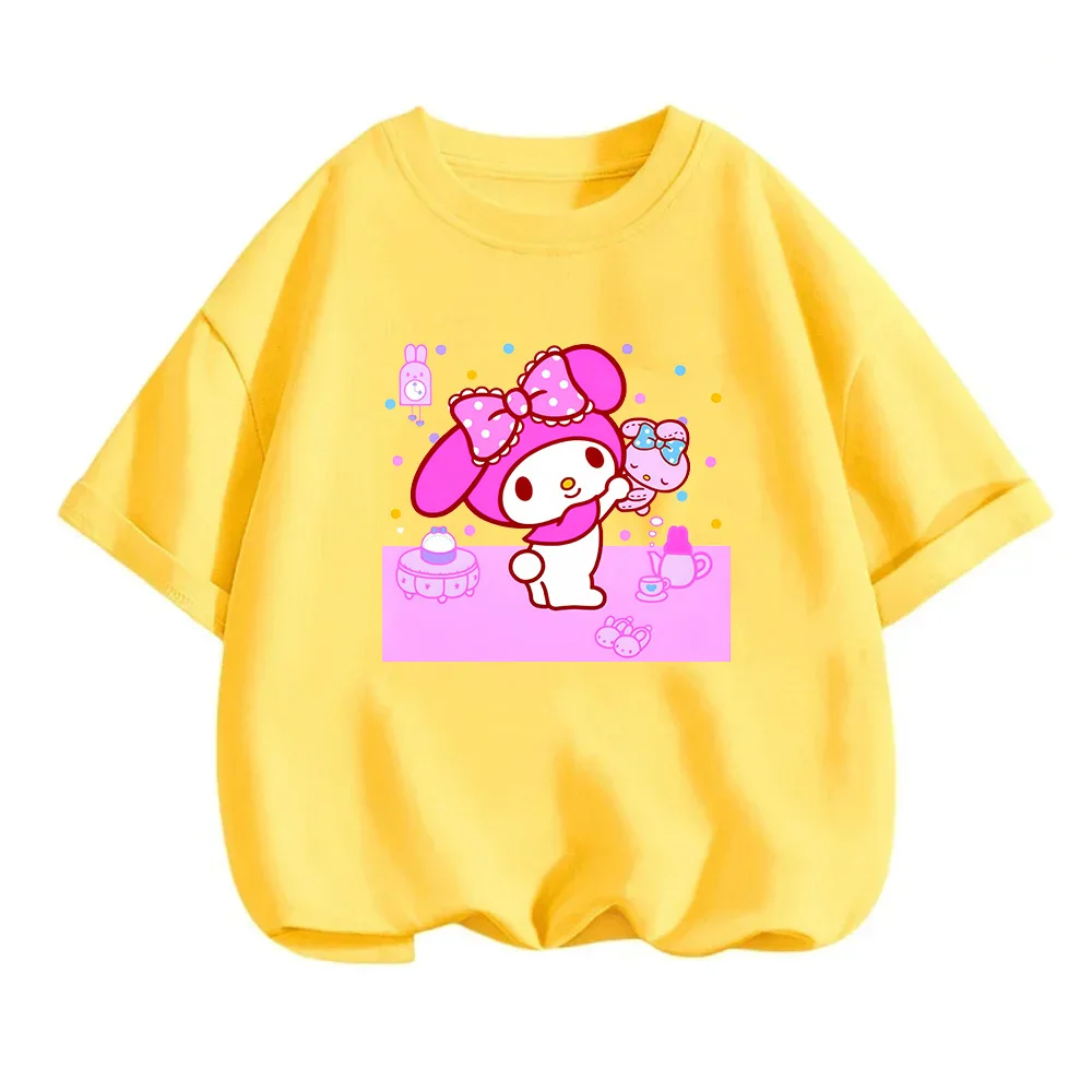 

Sanrio My Melody Child Yellow T-shirt Cartoon Print Round Neck Short Sleeve Girls Cute Summer New Casual Top Breathable Clothing