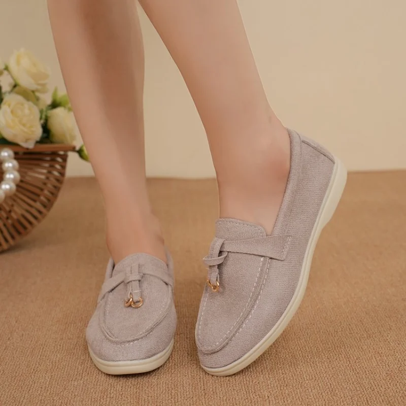 Summer Walk Loafers Women Flat Shoes Khaki Suede Leather Tassel Metal Lock Slip On Slippers Mules Driving Shoes Causal Moccasins