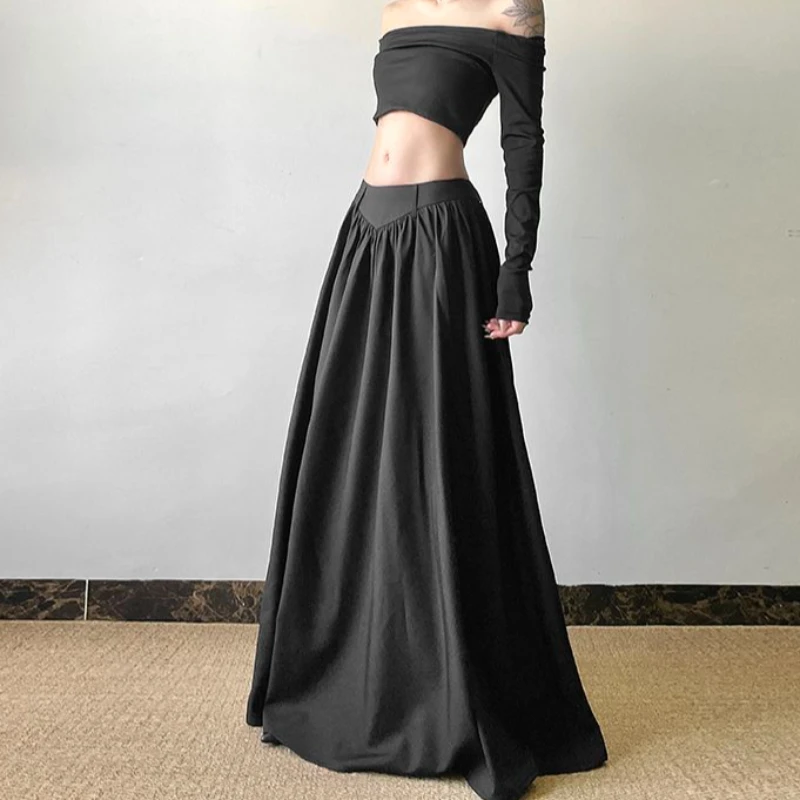 

Women's Black High Waist Maxi Skirt - Flowy Oversized Swing Hem, Loose Fit Sexy Elegant Street Style Long Skirt Spring Autumn