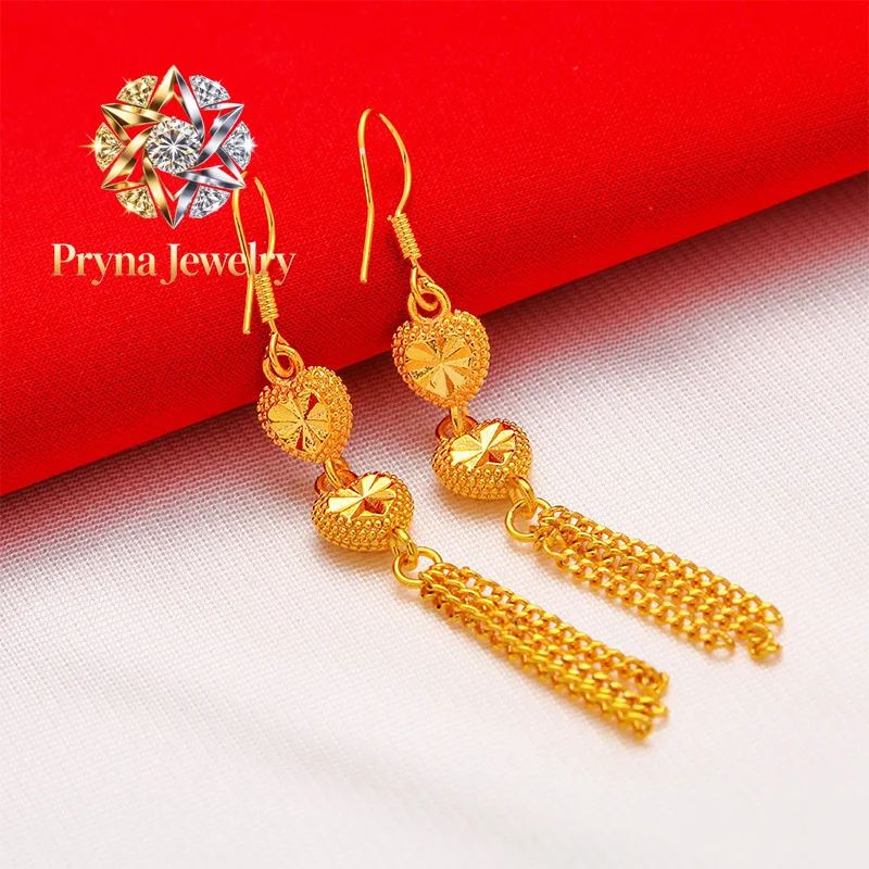 Pryna Jewelry  24K gold rose fringed earrings AU999 full gold, three-dimensional rose blooming shape, gold chain tassel swaying