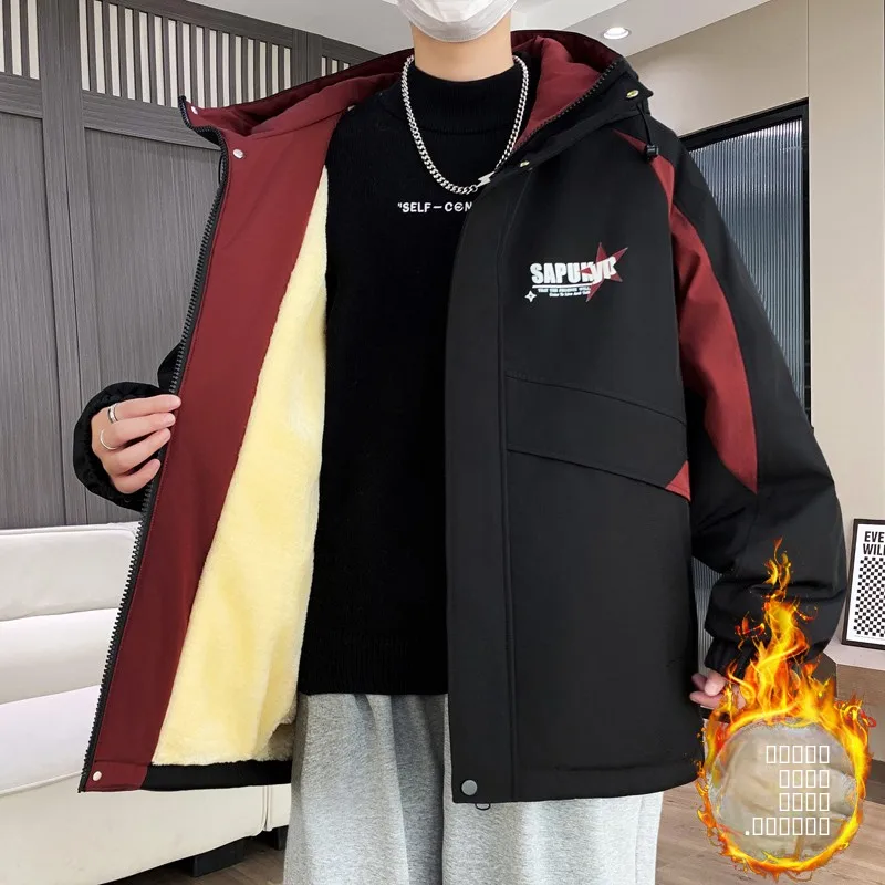 

Thiened Fce Hooded Jaet Men's Sli Autumn Winter Casual Faion Polyester Fabric Youth Large Children's Parka Coat
