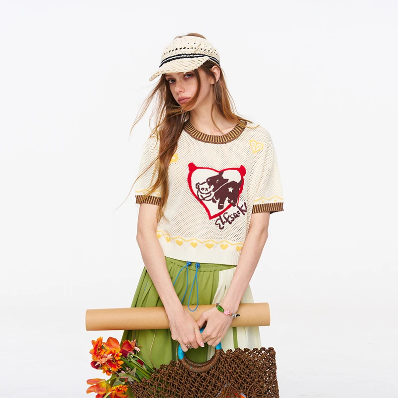 ELFSACK Women's Crochet Knitwear with Heart Animal Pattern, Short Sleeve Color Block Trim Top, Casual Retro Tee for Summer view 2
