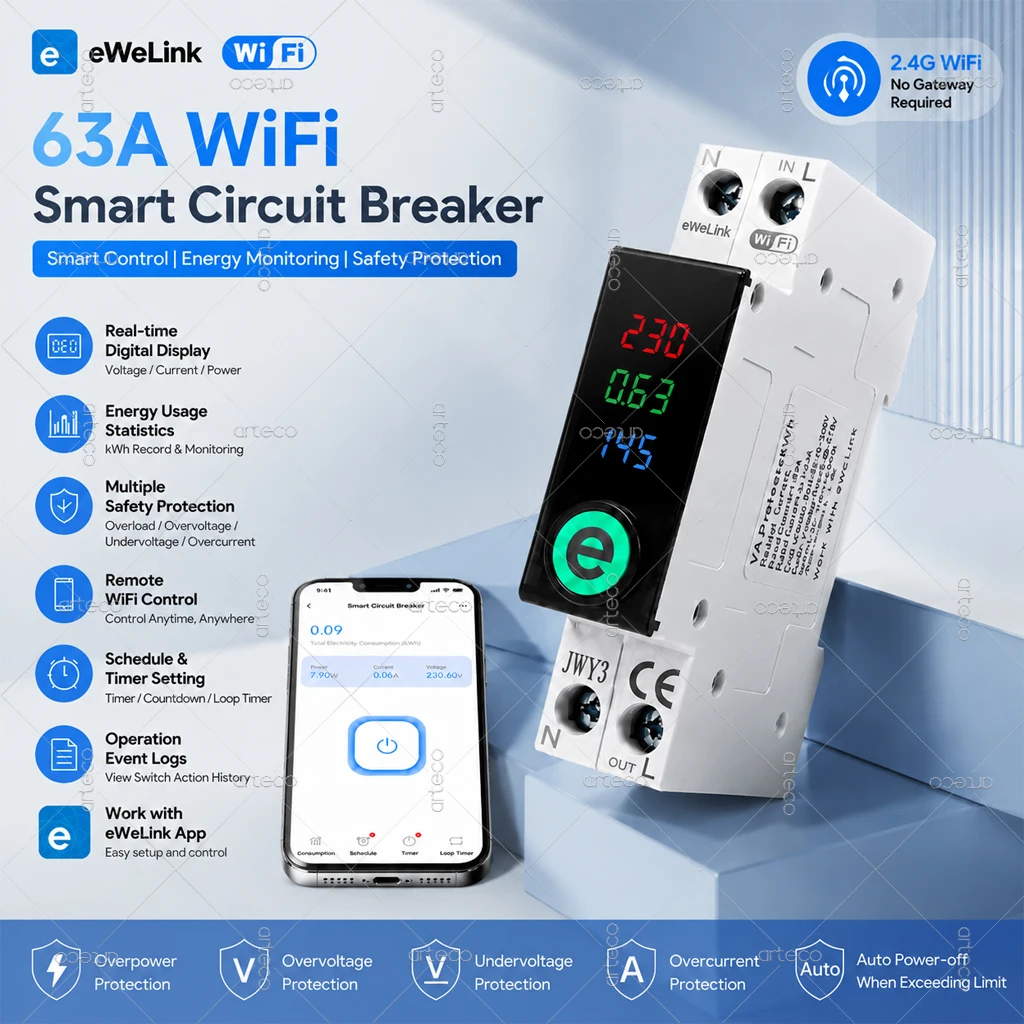 EWeLink WiFi Smart Circuit Breaker MCB 1P+N 63A Timing Relay Switch Energy Meter KWh Voltage Current Protector Remote Control