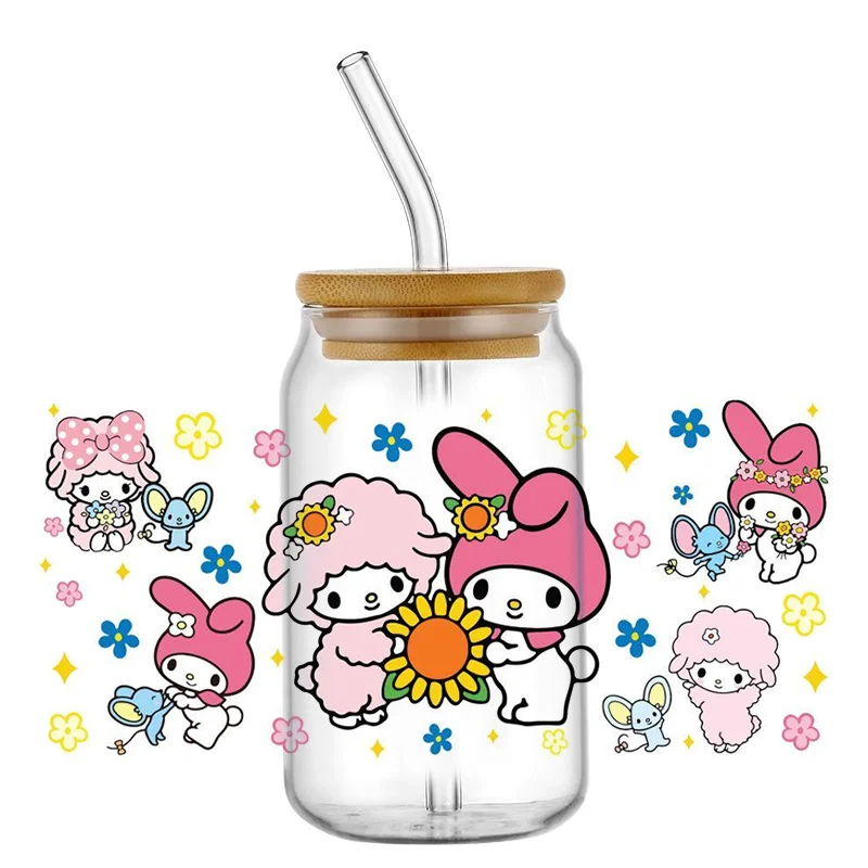 Miniso Sario New Hello Kitty Theme For Libbey 16oz Can Glass 3D Kuromi Waterproof UV DTF Coffee Can Wrap Libbey Glass Wrap