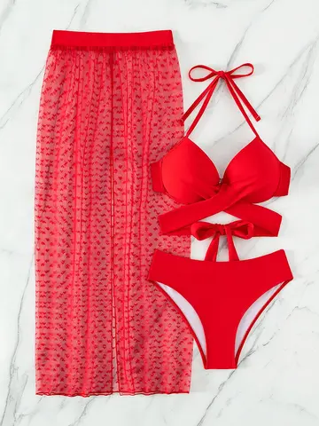 러브 메쉬 쓰리피스 비키니 레드 화려한 섹시 성숙