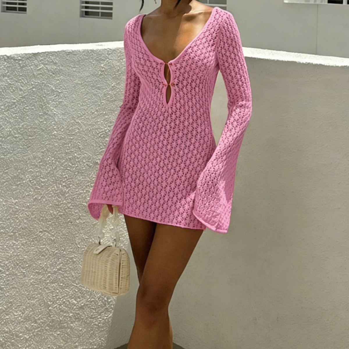 Fashionable Knitted Bikini Cover-Up Dress, Sexy Slim-Fitting Hollow Out Texture Short Dress, Spring & Fall Vacation Style
