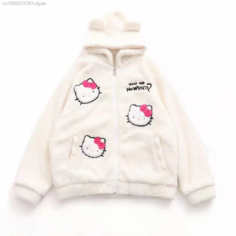 Sanrio Hello Kitty New Fashion Hoodies Cartoon Cute Plush Autumn Jacket Women Loose Zipper Cardigan Shirts Y2k Top Coat Kawaii