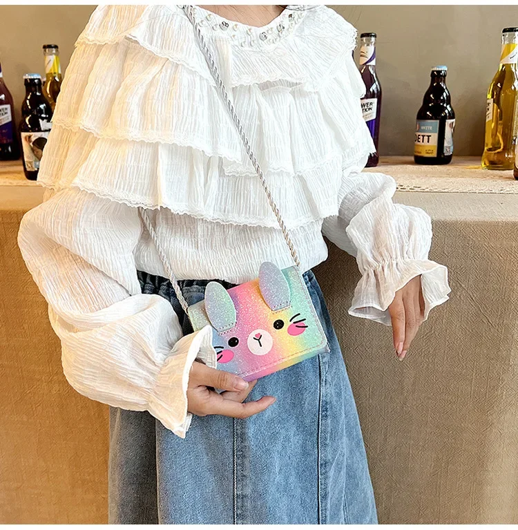 Gradient Color Princess Accessories Coin Purse Lovely Baby Girls Small Square Crossbody Bags Cute Rabbit Children\'s Shoulder Bag