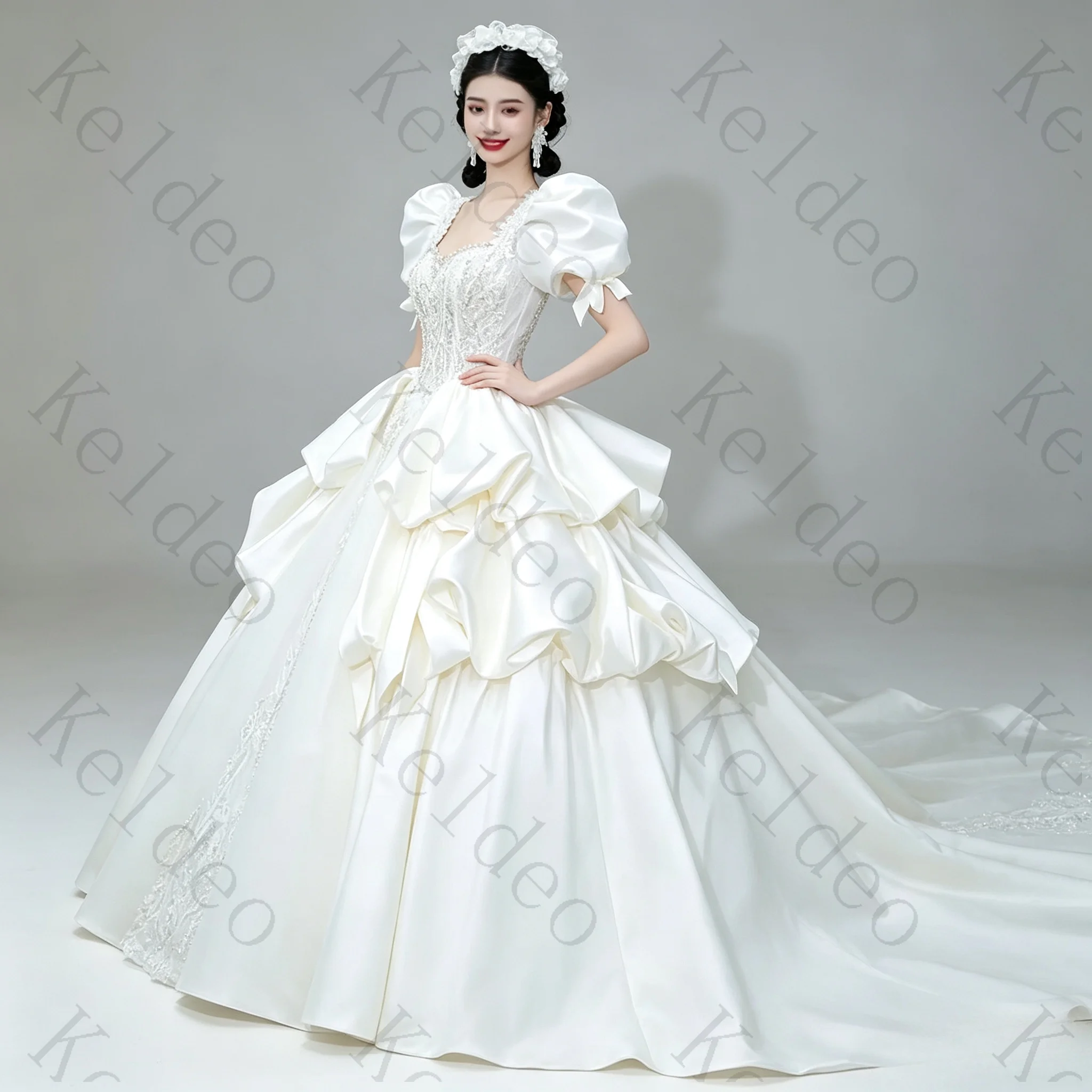 Customized Sexy Square Neck A-line Puff Sleeves Wedding Dresses Off‑The‑Shoulder Pearls Ruffles Tiered Floor Length Bridal Gowns