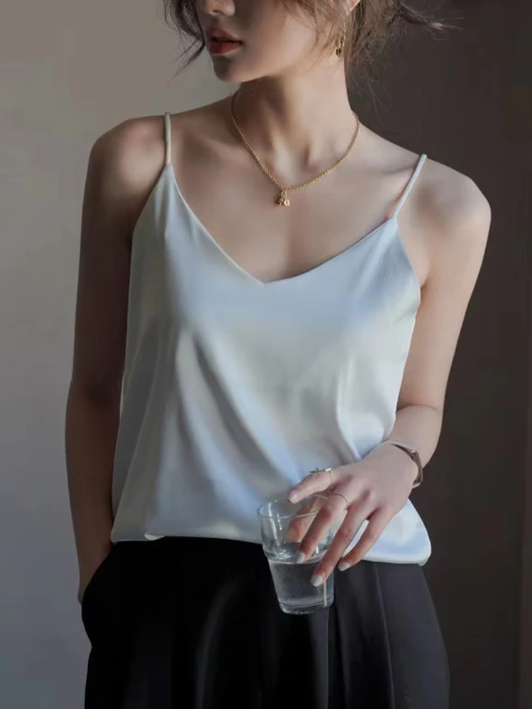 Women Halter V Neck Basic White Cami Spaghetti Strap Top Sleeveless Satin Silk 2026 Tank Tops Women'S Summer Camisole image 4