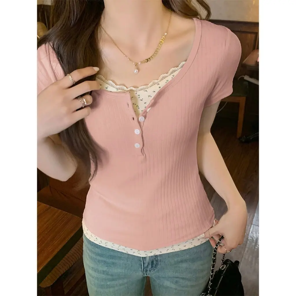 

Women's Slim-fit Lace T-shirt Short-Sleeved Two-Piece Summer Design Sweet Spice Girls Top