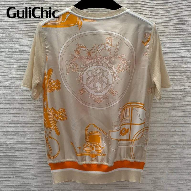 9.19 GuliChic 2023 new fashion brand tee 100% silk knitting knitted horse royal print casual T shirts tops designer for women