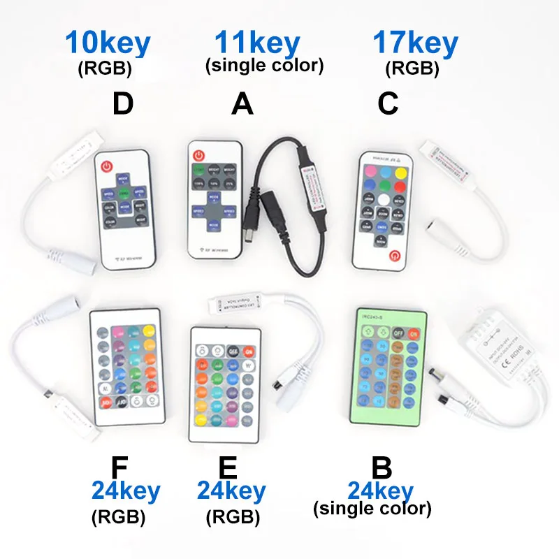 DC 5V 12V 24V mini 10/17key 24key RGB single color LED RF Controller Control Dimmer for 5050 3528 2835 RGB LED Strip Light chip