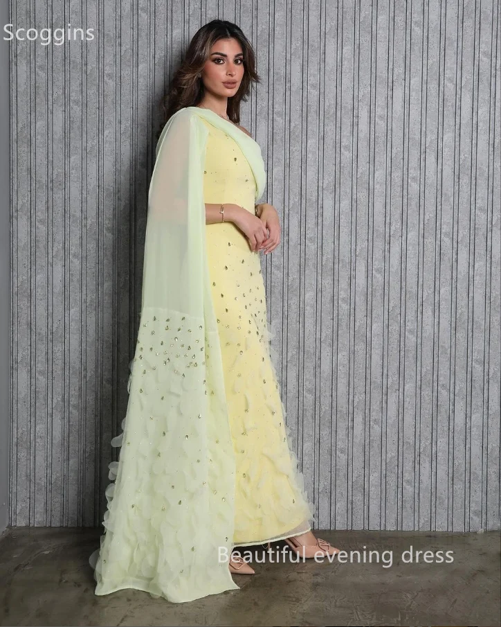 Scoggins Yellow Column One-Shoulder Floor-Length Chiffon Long Sleeves Evening Dresses Elegant Party Dresses For Women Cocktail