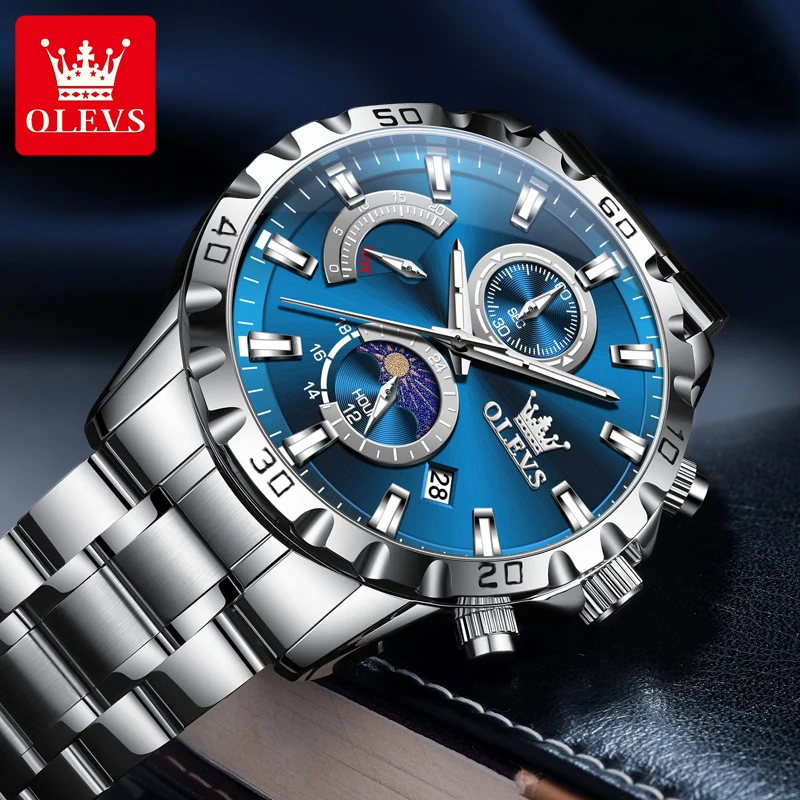 OLEVS 2953 Exclusive Design Men\'s Watches Full Stainless steel Moon Phase Waterproof Chronograph Quartz Watch for Men Genuine