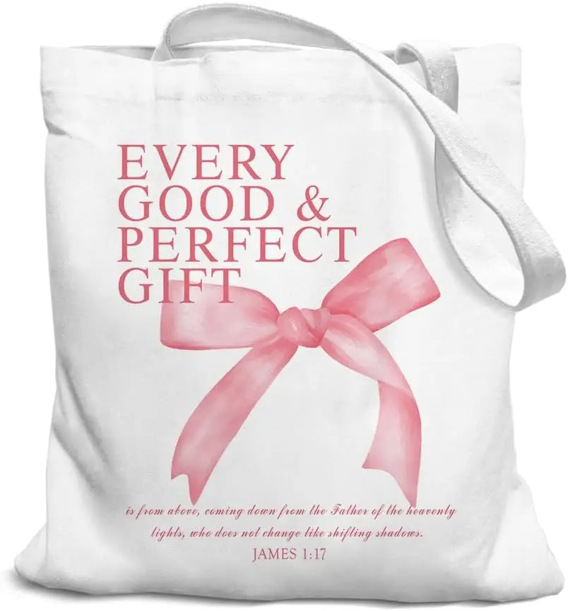 

Gift Canvas Handbag Women's Pink Bow Printed Shoulder Bag Gift Shopping Handbag Versatile Tote Bag for Daily Casual Use