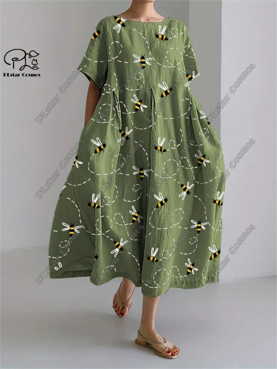 

PLstar Cosmos 3D Printed Retro Floral Women's Short Sleeve Round Neck Dress Summer Casual Vacation Style Street Series 10