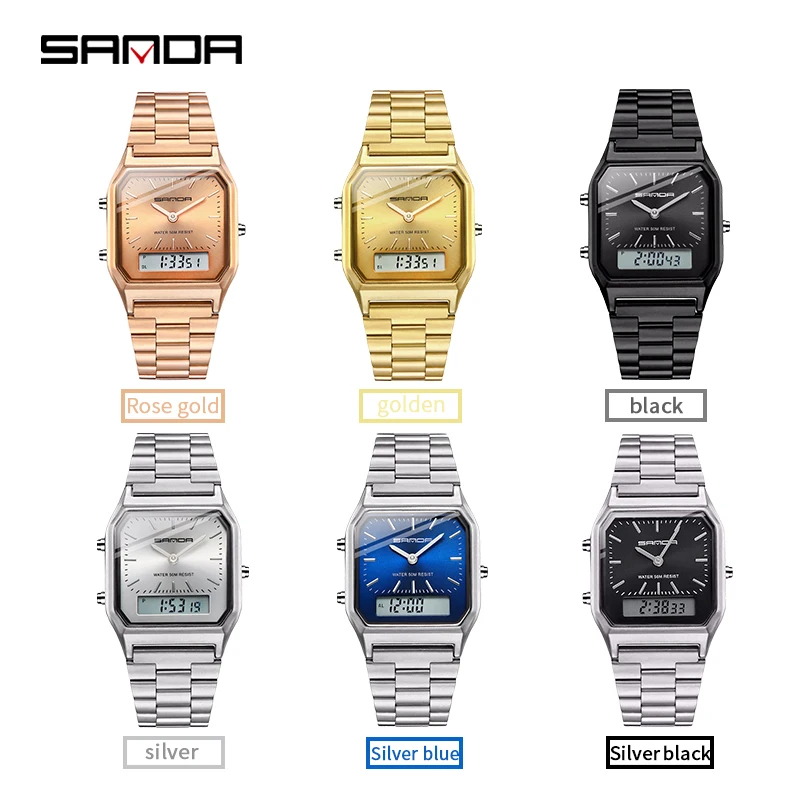 SANDA 747 Fashion Digital Quartz Dual Display All-Steel Watches Gold Fluorescent Dial Week Time Female Students Clock Waterproof