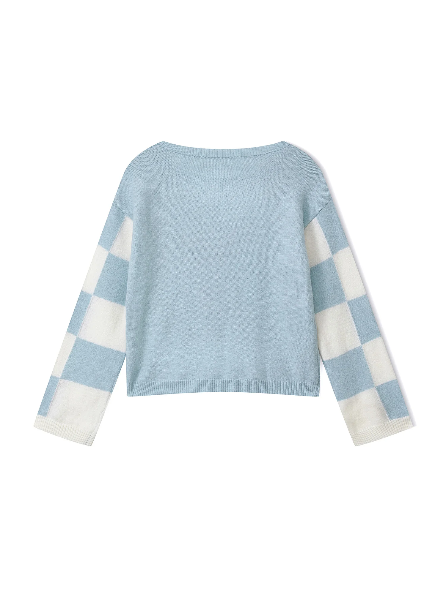 

Stylish Women s Crew Neck Sweater with Long Plaid Sleeves Loose Fit Knit Top in Trendy Contrast Colors