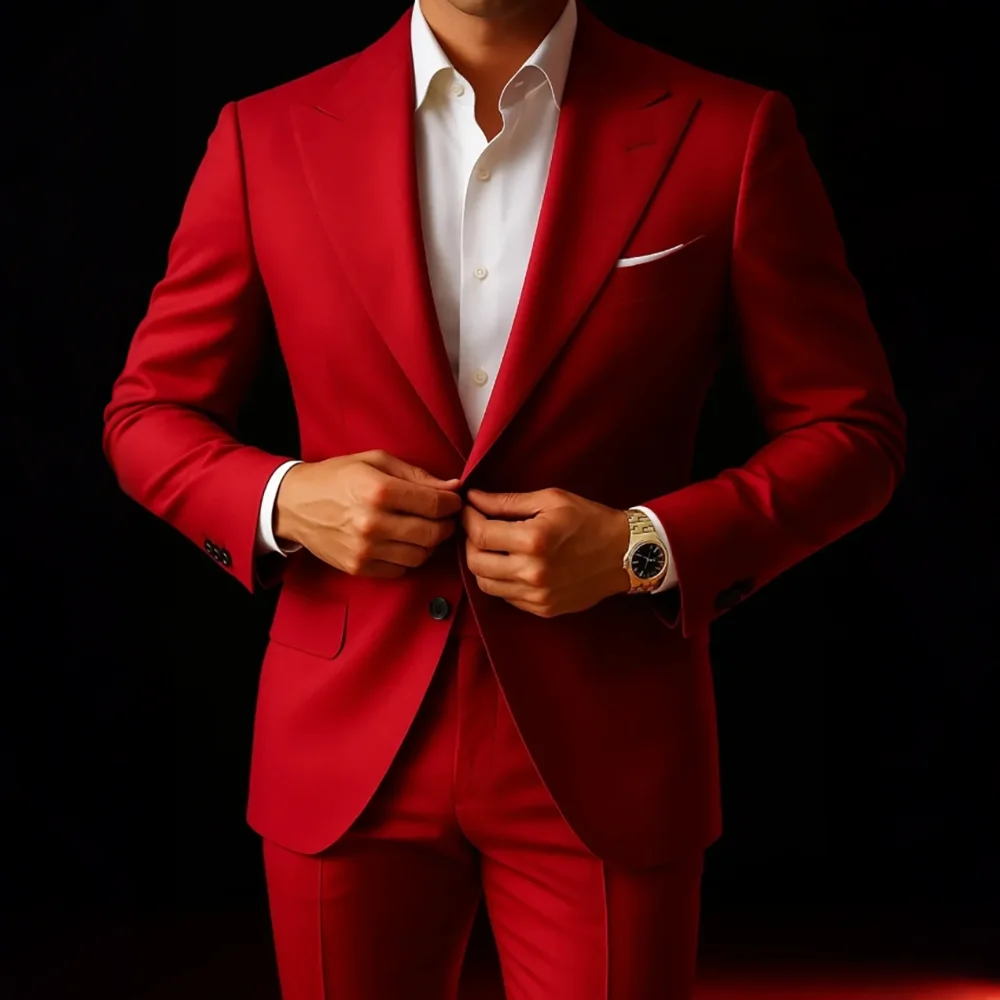 Bold Bright Red Men 2 Piece Suit Peak Lapel Slim Fit Blazer Single Breasted Jacket Pants Set Wedding Party Business Outfit