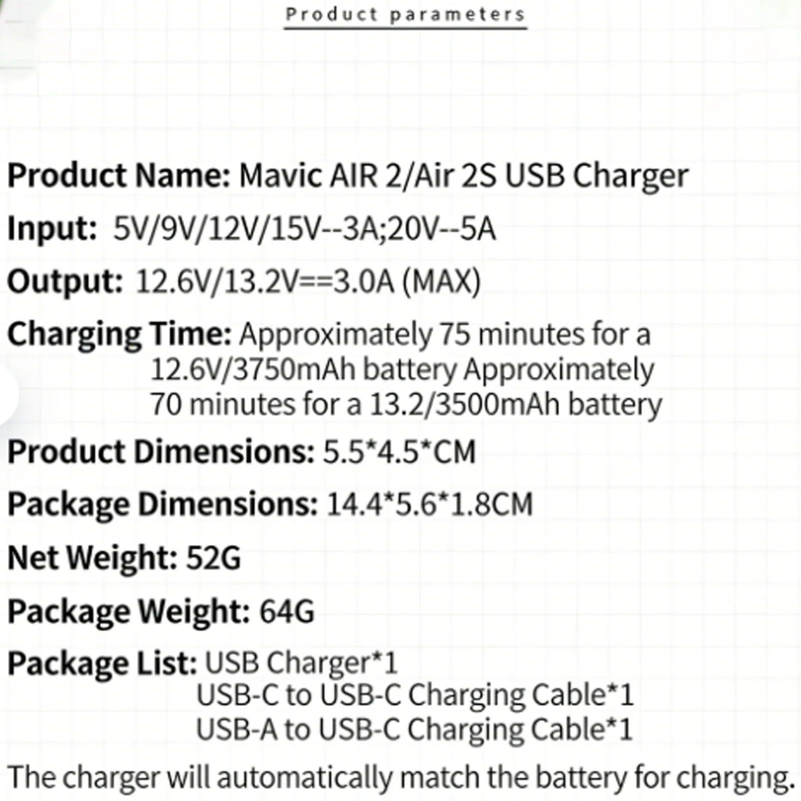 Battery USB Charger for DJI Air 2/Air 2S Fast PD QC Charging Adapter 12.6V/13.2V 3A Portable Drone Battery Charger with Cables