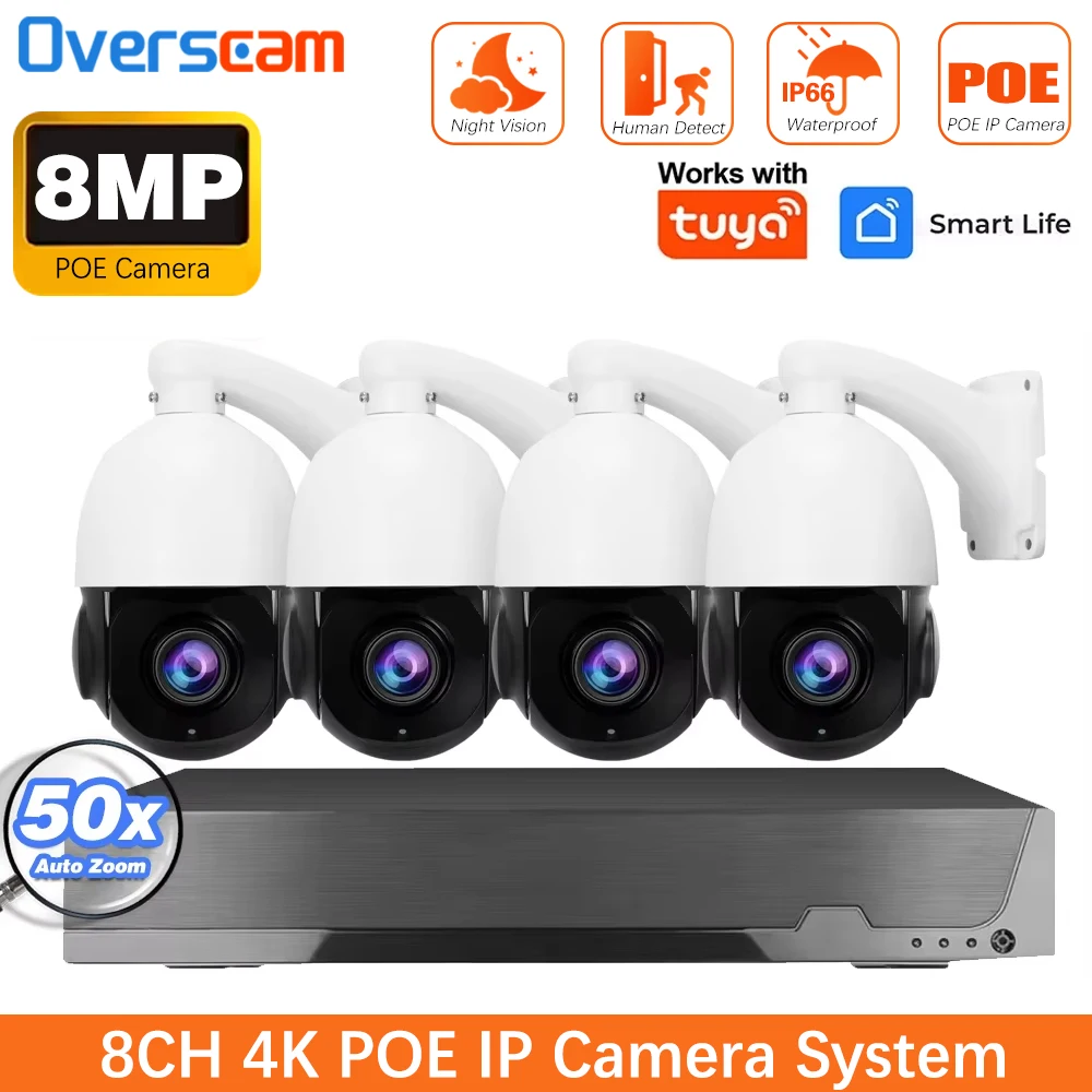 

Система видеонаблюдения 50X с оптическим PTZ-зумом, 4K 8MP, Tuya, 8-канальный POE NVR, с аудио и детектором движения человека, комплект для защиты и видеонаблюдения CCTV