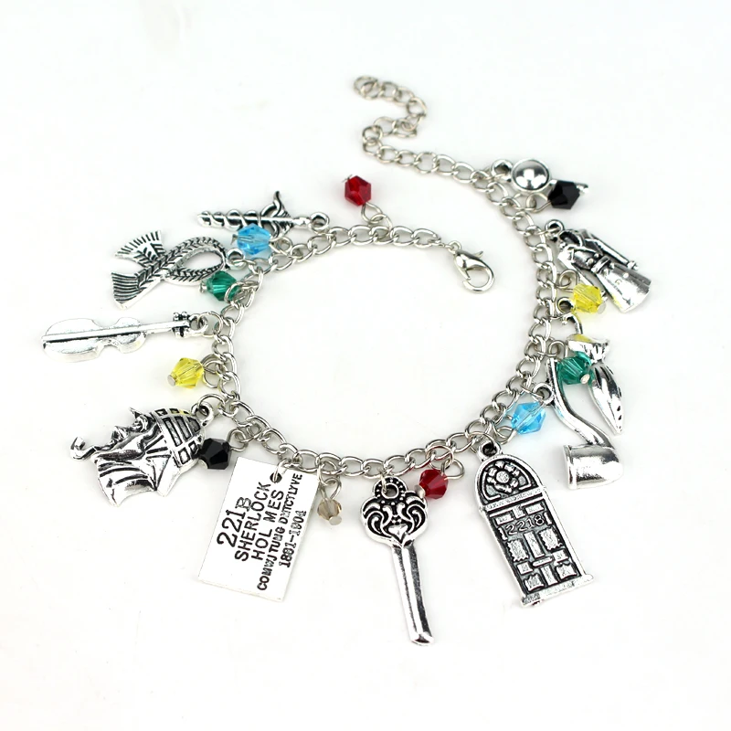 TV Show Sherlock Bracelet 221B Key Tobacco Pipe Wind Coat Scarf R.A.M.C Charms Bangle for Fans Jewelry Gift