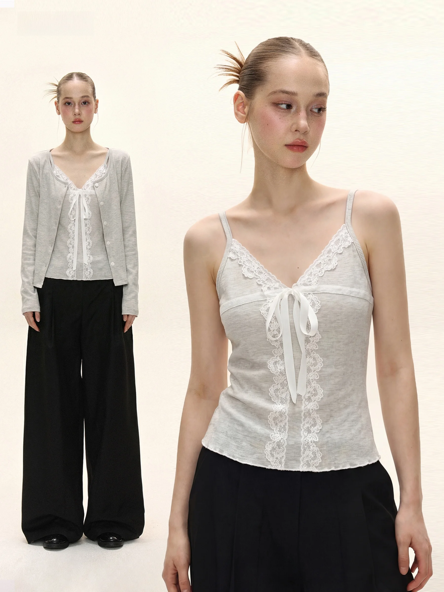 

November Lazy Strap Cardigan Set Women Summer Spicy Lace Patchwork Vest Thin Outerwear Two-piece Set Casual Style Short Length